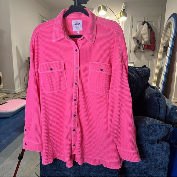 Aerie LumberJane Waffle Shirt Shacket Button Down Oversized in Coral Sun - Picture 6 of 14